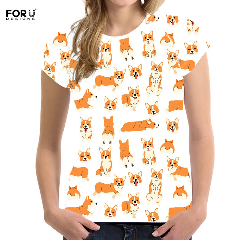 FORUDESIGNS Corgi Puppy Dog Print Женские футболки с круглым вырезом Harajuku Стильная летняя одежда Дышащие тонкие топы для девочек футболки