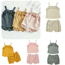 Летняя одежда для новорожденных девочек однотонный жилет с оборкой+ короткие штаны комплект из 2 предметов пляжный костюм