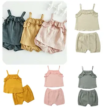 

Newborn Baby Girl Summer Clothes Solid Color Ruffle Vest Tops+Short Pants 2pcs Outfits Sunsuit Set