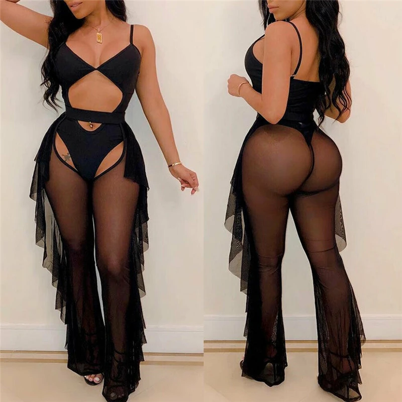 Women Sexy Mesh Bikini Cover up Sheer Bandage Cover Up hollow out Beach Pants See through Ruffles Ladies High waist Beachwear