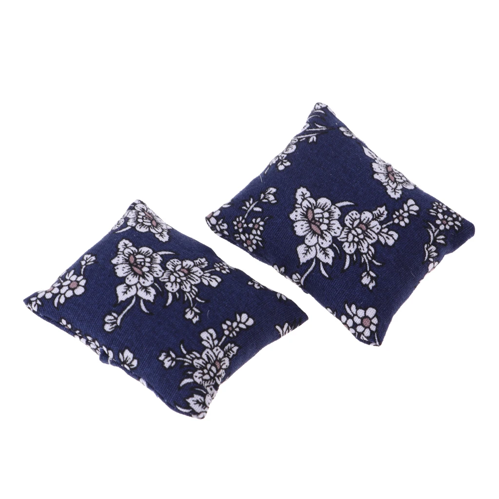 1/12 Dollhouse Miniature Floral Cushions Pillow Sofa Bedroom Living Room Furniture Toy Accessory Dark Blue