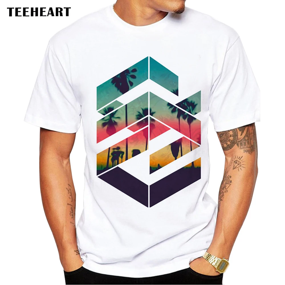 TEEHEART Новинка 2017 Мужская Геометрическая закат пляжный дизайн футболка крутые