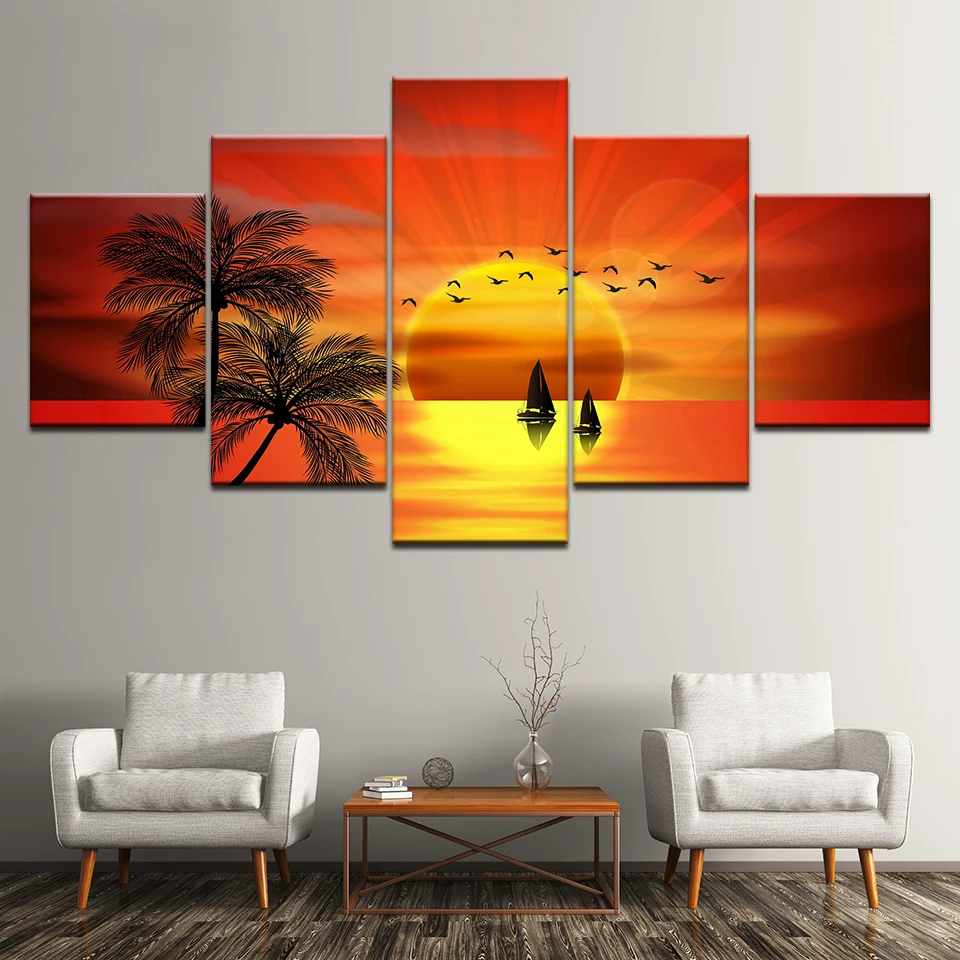 Холст картины orange закат с птица лодка 5 шт. стены Книги по искусству живопись модульные обои плакат Принт Гостиная Home Decor