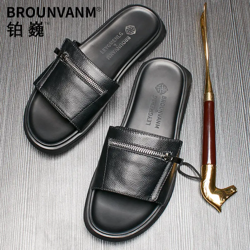 New Design Men Genuine Leather Leisure Slippers Outdoor Black Stable And Mature Man Casual Summer Sandals Slides Shoes