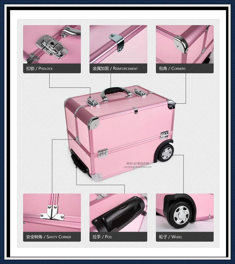 

Professional Tool Case Trolley Beauty Box Makeup Case with wheels Pink
