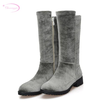 

Chainingyee street casual style round toe nubuck mid calf boots zipper grey black brown flat motorcycle boots women's shoes