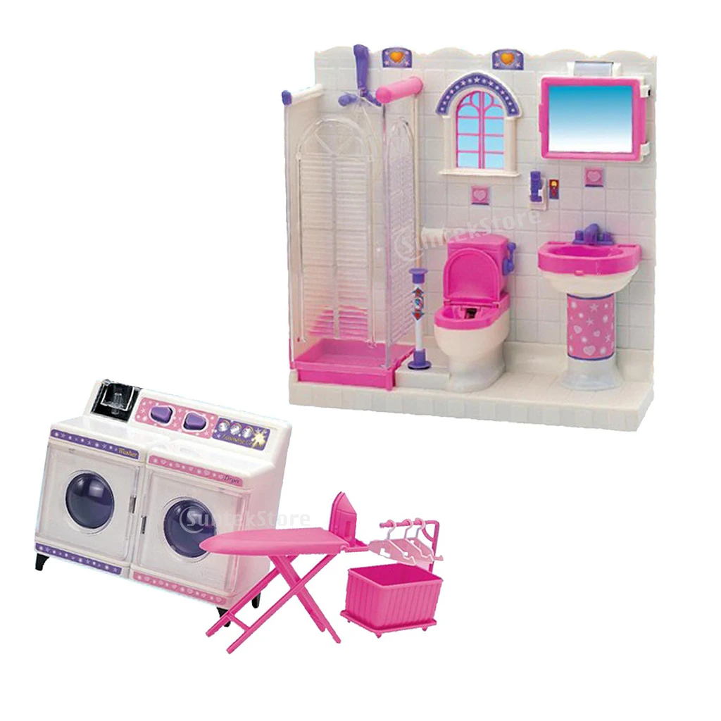 Plastic Bathroom Furniture Toilet Set and Washing Machine for   Doll House Kits