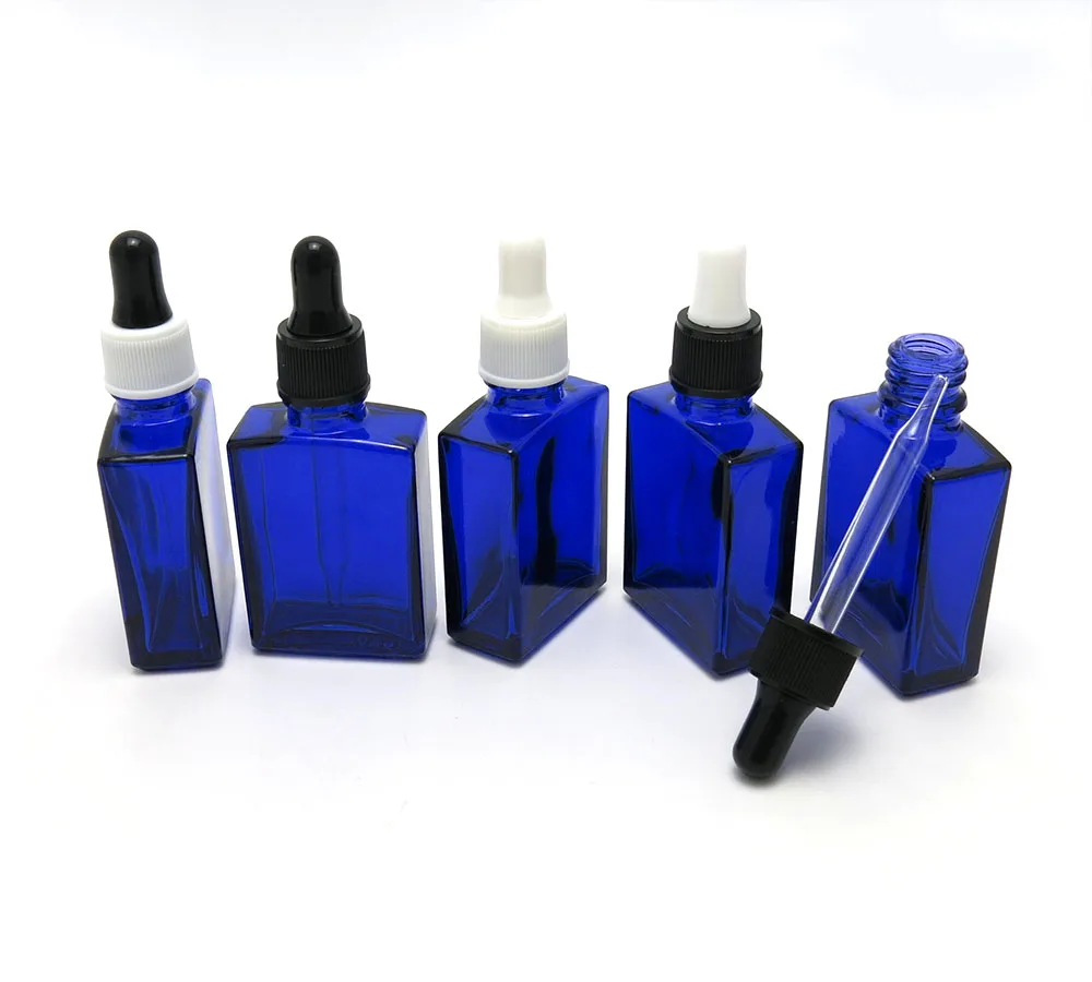 10 X 30ML Cobalt Blue Square Glass Bottle with Plastic Dropper Cap, 30