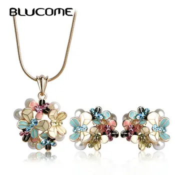 

Blucome Classic Flower Enamel Simulated Pearl Jewelry Sets Long Pendant Necklace Earrings Wedding Party Accessories For Women