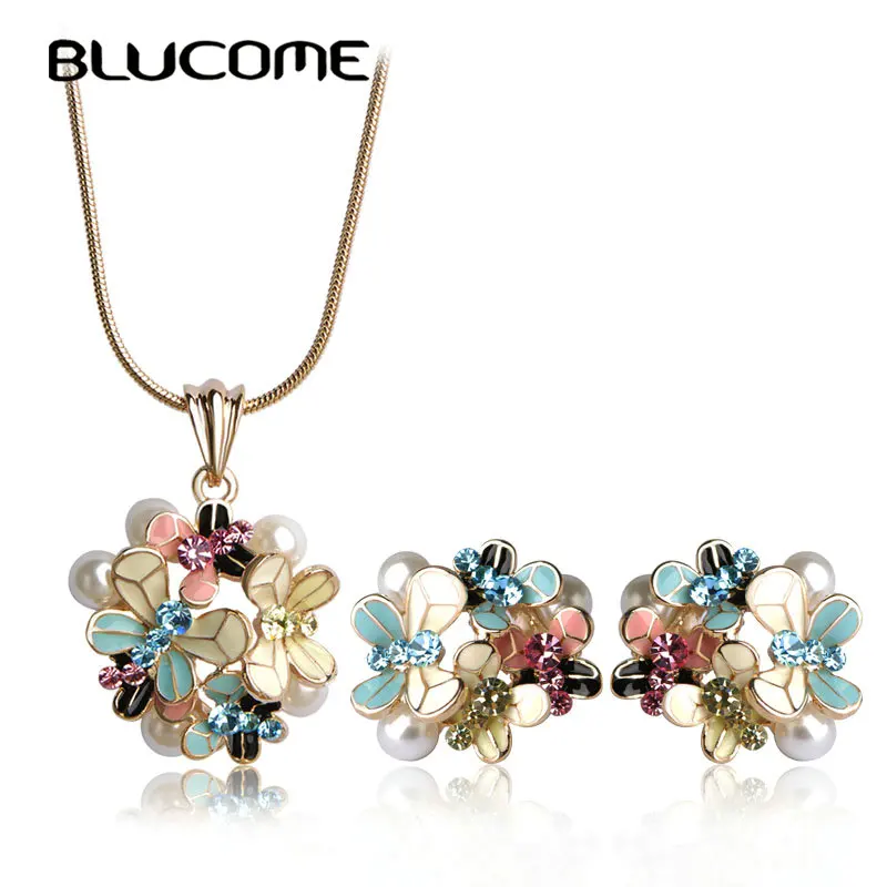 Женский комплект украшений Blucome из колье и сережек с эмалью длинным кулоном