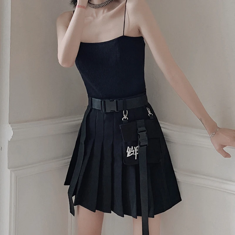 Cheerart уличная черная плиссированная юбка пояс вышивка черная линия Высокая талия юбка женская панк рок мини юбка летняя
