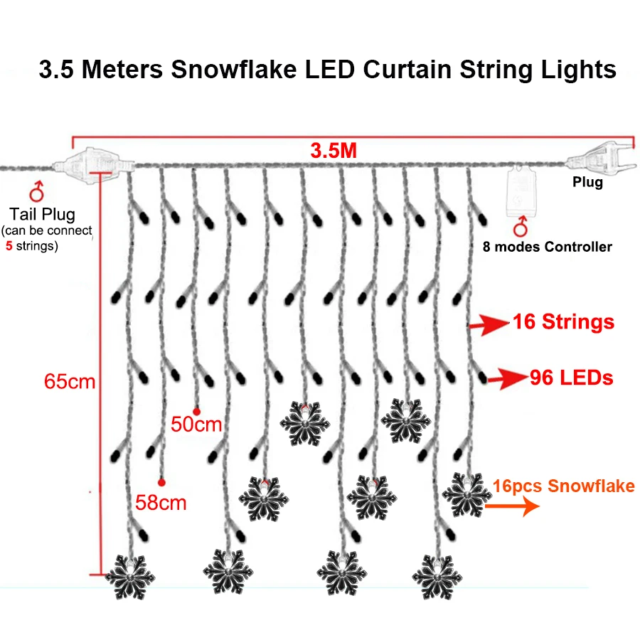 Holiday Lighting 3.5M 96 LED Snowflake Fairy Curtain LED String Lights Outdoor Waterproof Christmas Lights For Home Decoration Holiday Lighting 3.5M 96 LED Snowflake Fairy Curtain LED String Lights Outdoor Waterproof Christmas Lights For Home Decoration
