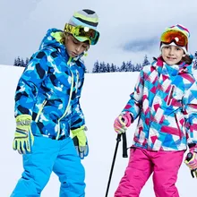 Новинка года,, лыжный костюм для мальчиков и девочек водонепроницаемые ветрозащитные зимние штаны+ куртка комплект, зимняя спортивная детская утепленная одежда