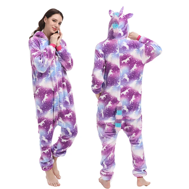 Winter Adults Unicorn Onesie Kigurumi Animal Panda Pajamas Flannel Hooded Anime Stich Licorne Pyjamas Women Men Sleepers Blanket - Цвет: purple-pegasus