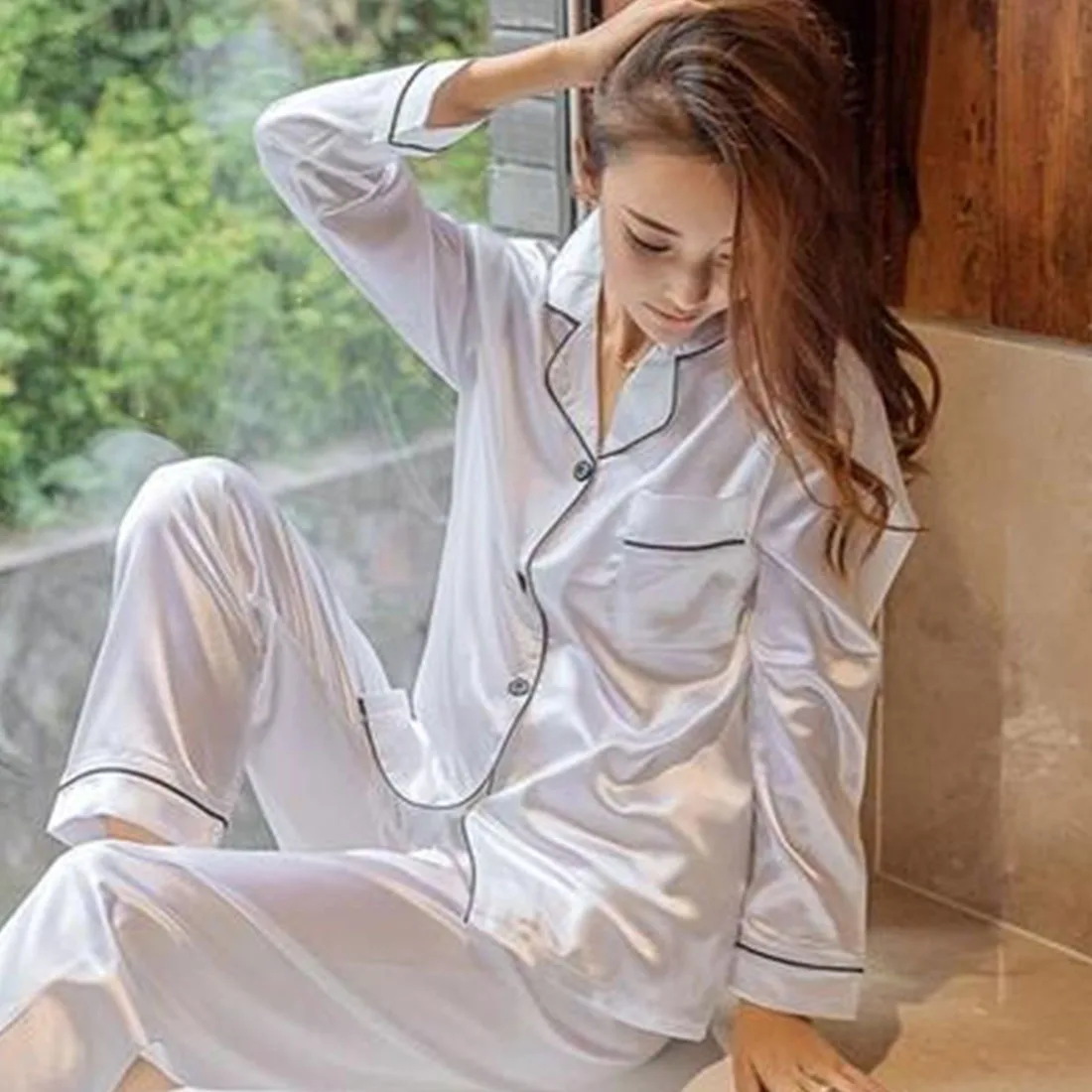 

Soft Faux Silk Satin Upscale Couples Pajamas Sets Men Women Long Sleeve Sleepwear Home Wear Nightshirt