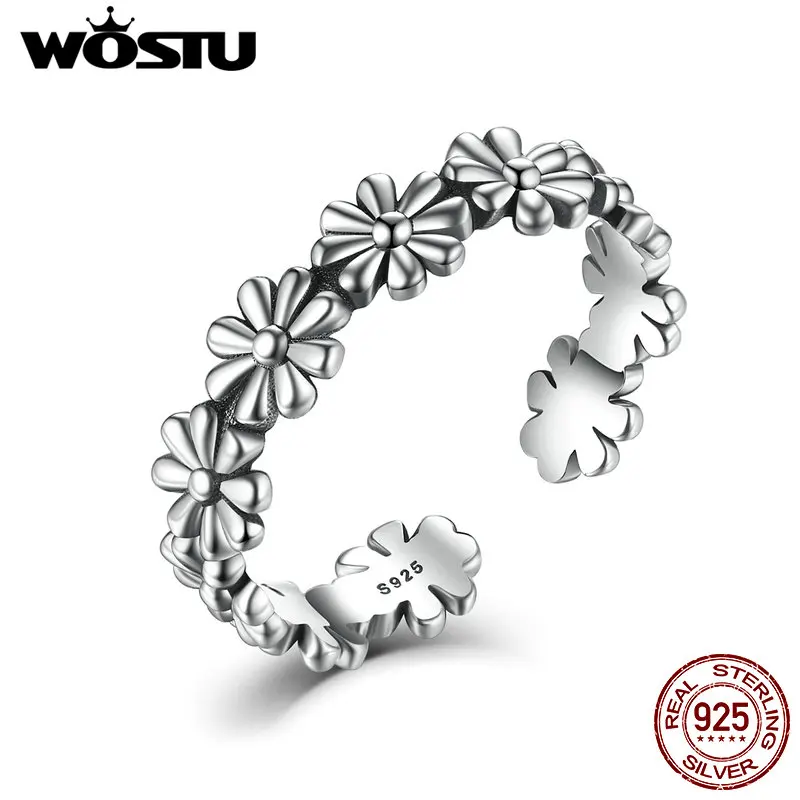 

WOSTU Real 925 Sterling Silver Vintage Stackable Daisies Open Finger Rings For Women Men Brand Ring Fine Jewelry CSR046