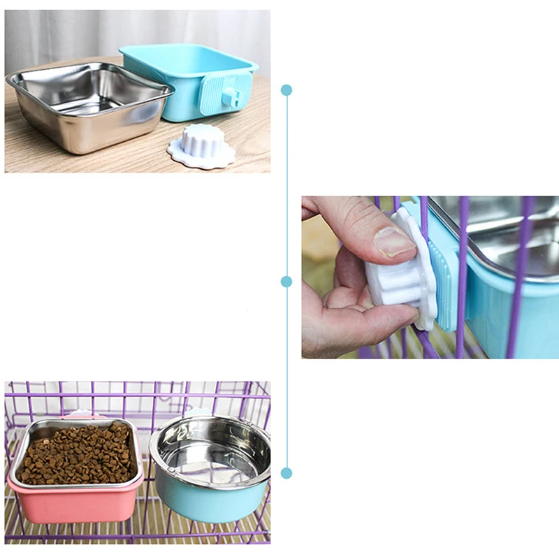 Pet Bowl Stainless Steel Water Food Feeder Feeding Dog Puppy Cat Hanging Cage Square Bowls Pet Supplies Pet Dog Cat Crate Cage