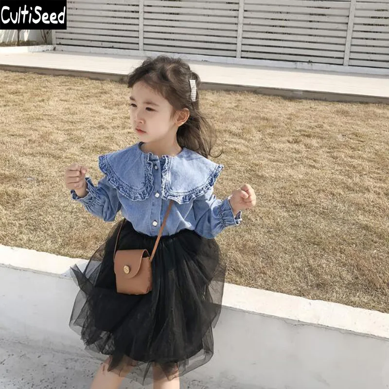 

Cultiseed Baby Girl Dress Sets Clothing 2019 Children Denim Jeans Shirt+Gauze Mesh Dress 2pcs Dress Set Suit Kids Cute Dress Set