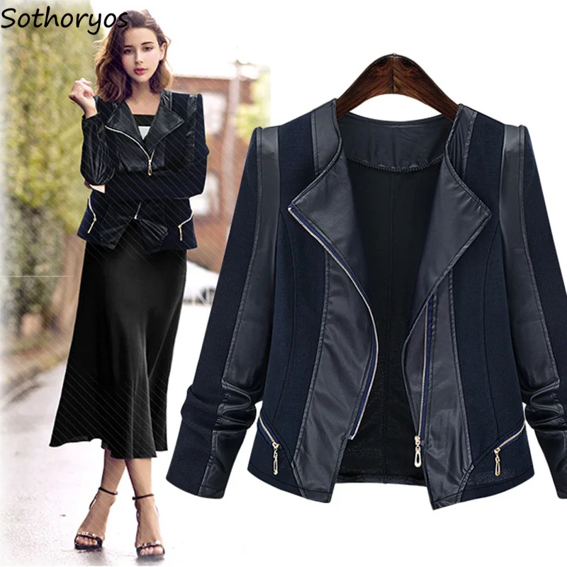 

Jackets Women 2019 Turn-down Collar Zipper Slim All-match Jacket Womens PU Leather Patchwork Simple Elegant Ladies Overcoats