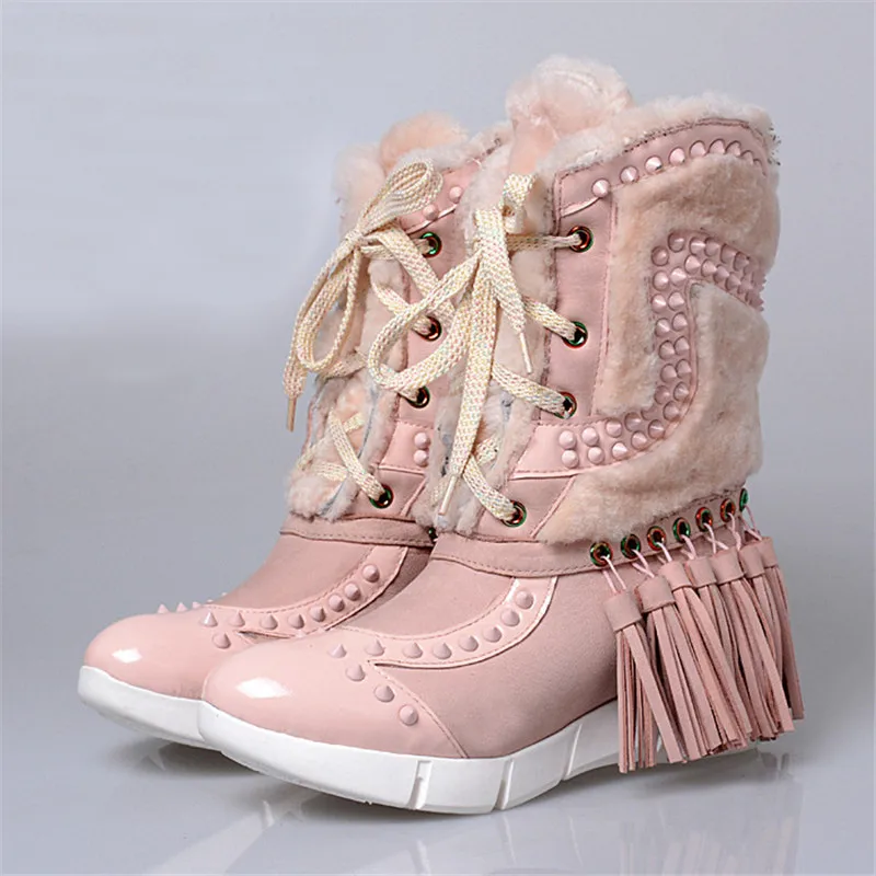 Piel Bota Cuero red Dulce Prova Borlas Perfetto Mujeres Remache Moda Pink black Genuino Botas Cuñas Nieve Rosa De Con Punta I8wFzq