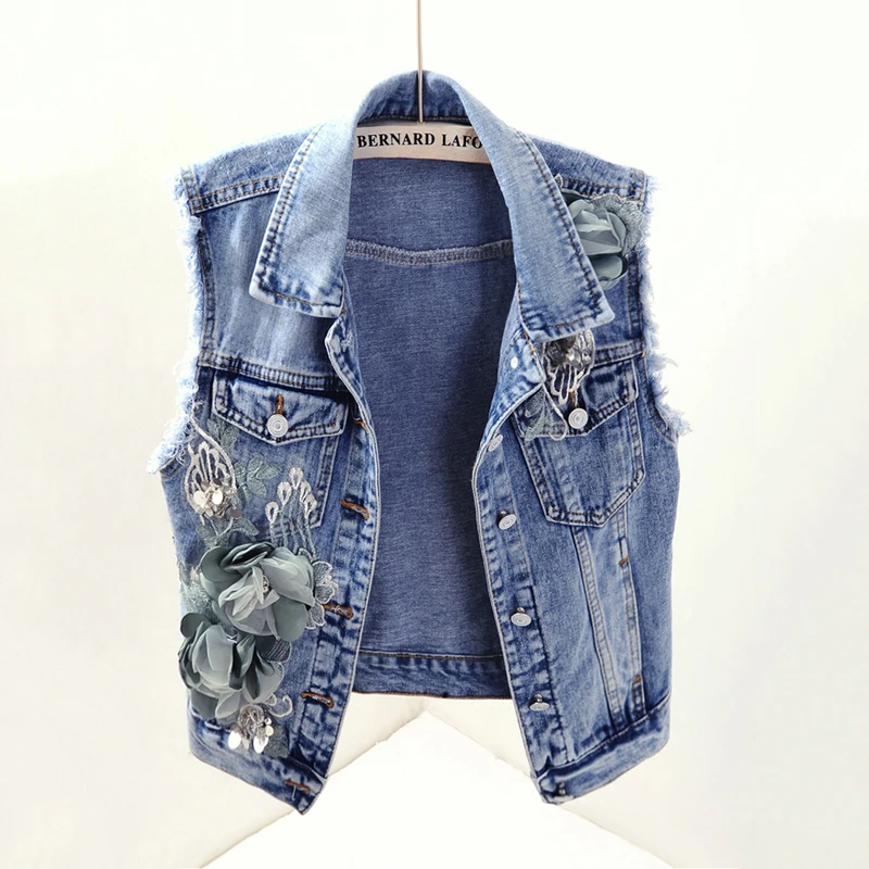 

Spring Summer New Vintage Hole Street Casual Women's Jeans Vest Denim Slim Short Woman Tops Sleeveless Female Jacket Waistcoat