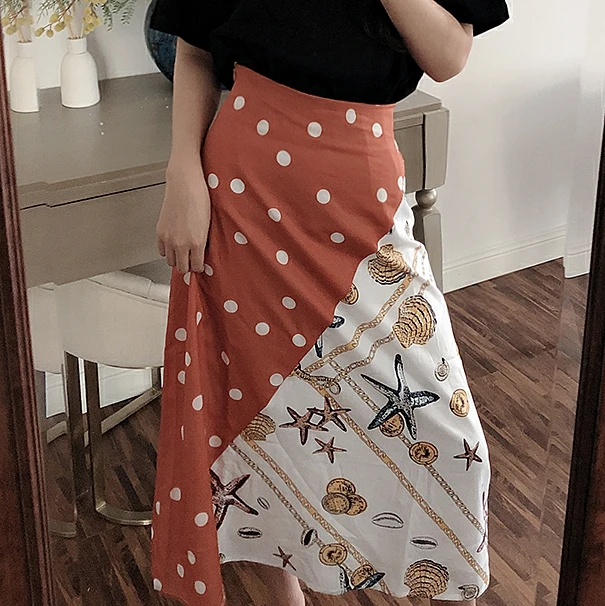 

Vintage Tropical Polka Dot Satin A-LINE Skirt Multicolor Starfish Seashells Chain Print Patchwork Midi Skirt High Waist Skirt
