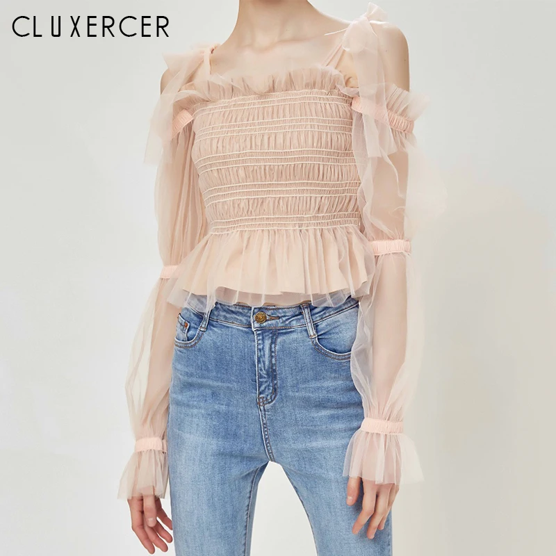 

Summer Mesh Blouses Woman 2019 New Sexy Off Shoulder Top Casual Long Sleeve White Pink Blouse Female