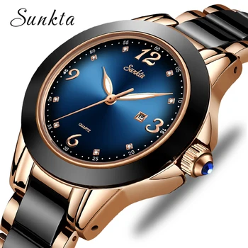 

SUNKTA Fashion Women Watches Ladies Top Brand Luxury Ceramic Rhinestone Sport Quartz Watch Women Blue Waterproof Bracelet Watch