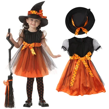 

2018 Halloween Kids Girls Witch Pumpkin Dress+ Hat Lace Fancy Dress Cosplay Costume Clothing