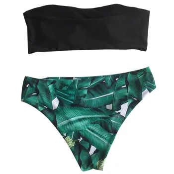 

Bikini Printed Swimwear Women One-Word Collar Tube Top Swimsuit Solid Hollow Out Bathing Suit Low Waist Bikini