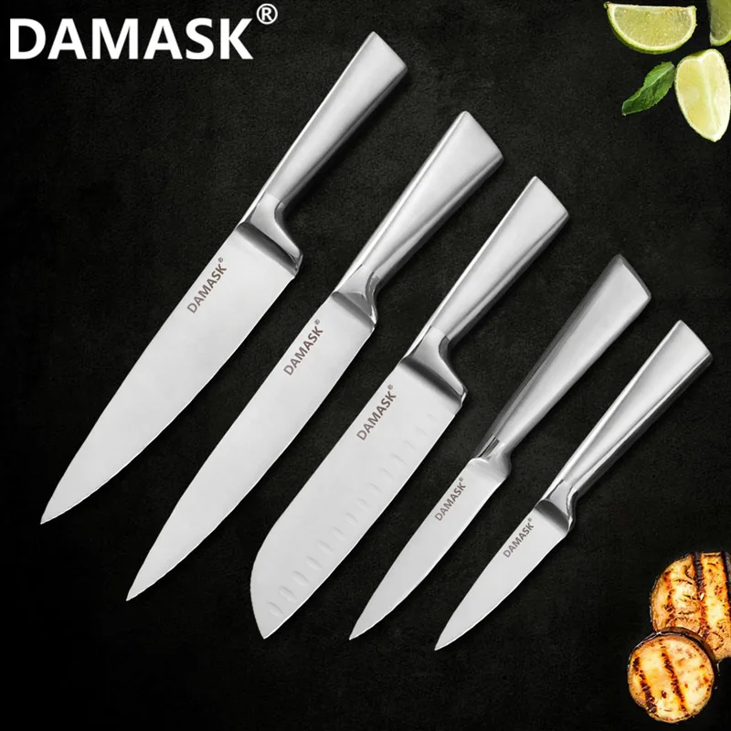 Дамасский Европейский нож для очистки овощей Santoku для нарезки хлеба шеф-повара, нож для мяса, набор кухонных ножей 3Cr13Mov, набор ножей из нержавеющей стали - Цвет: 5 PCS