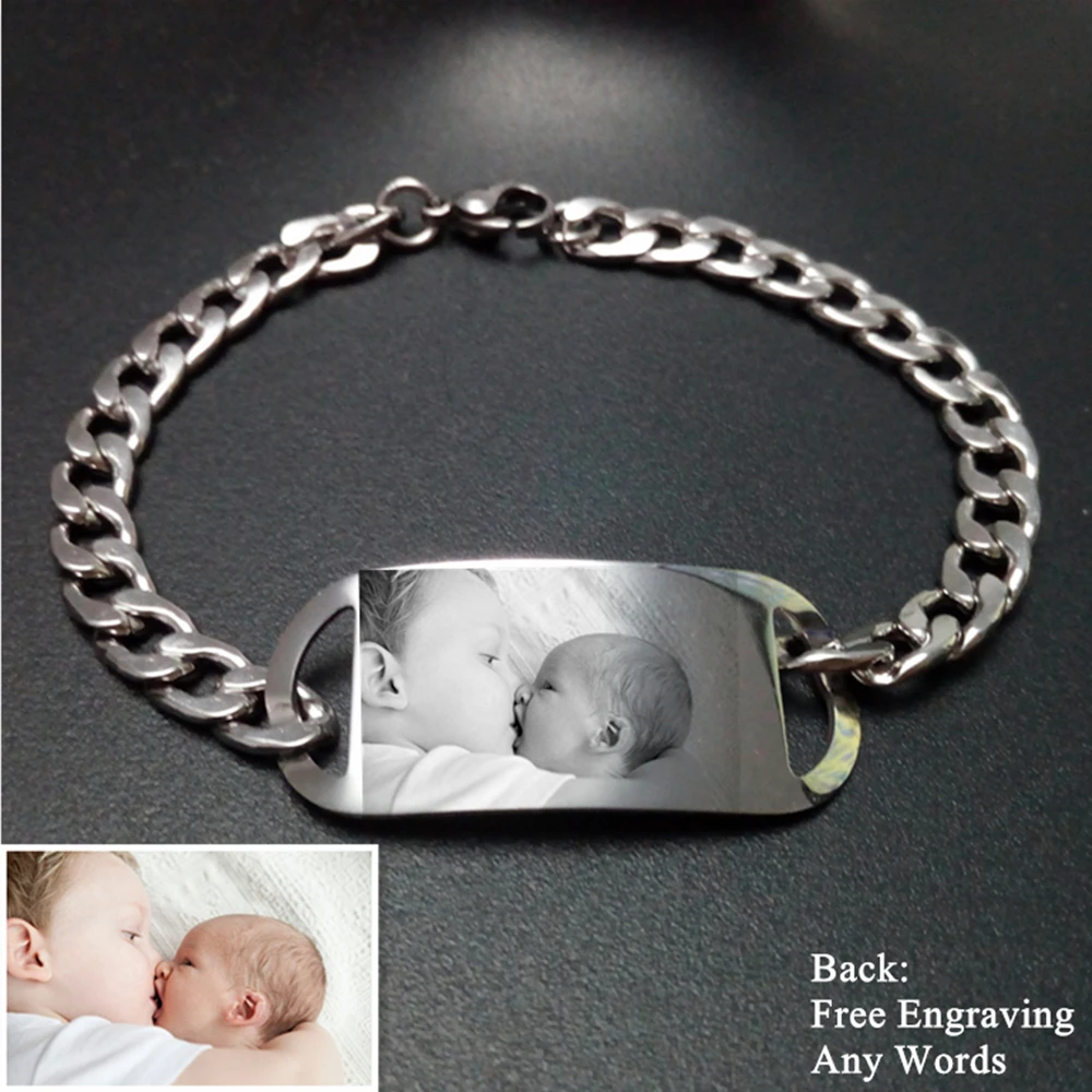 Personalized Photo Words Engraved Stainless Steel Tag Bracelet Custom Name Bracelet For