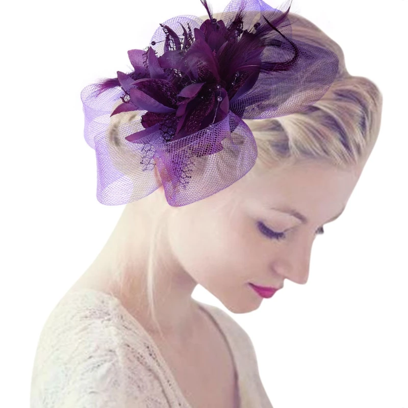 

Womens Flower Feather Beads Mesh Corsage Hair Clips Fascinator Bridal Hairband