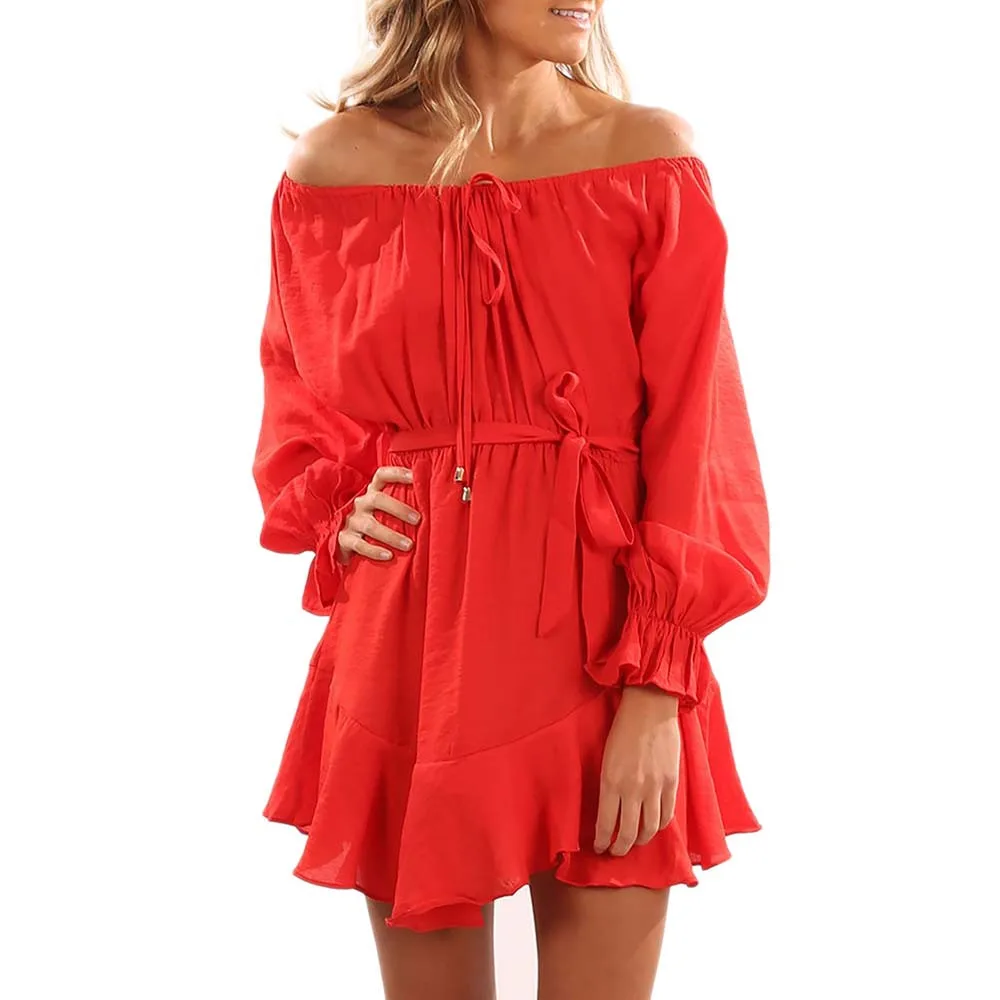 

2017 fashion Autumn Women Sexy Off Shoulder Dress Long Sleeve Mini Party Dress Vestido festa Bandage Vintage dress Plus size