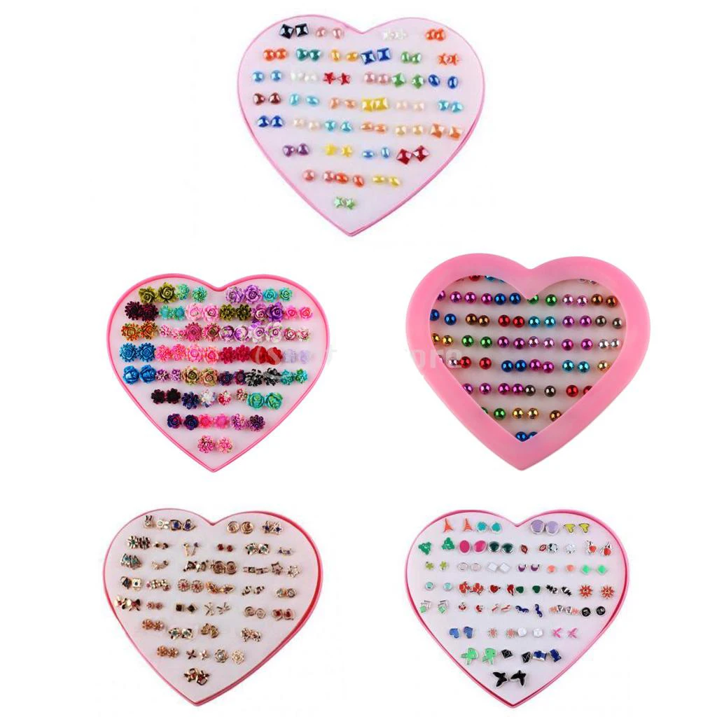 36 Pairs Women Girl Kid Different Colorful Shape Stud Earrings Birthday Valentine Party Gift with Heart Organizer Box