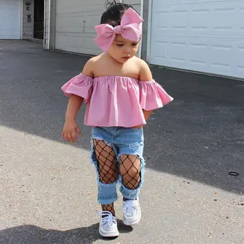 

Kids Girls Off Shoulder Tops Denim Hole Pants 3Pcs Outfits Set Clothes