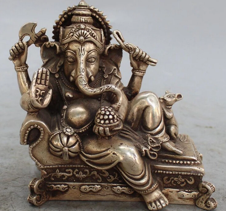 

6" lucky Chinese Tibet Silver 4 Arms Ganesh Elephant Mammon Buddha Mouse Statue S0706 (B0328)