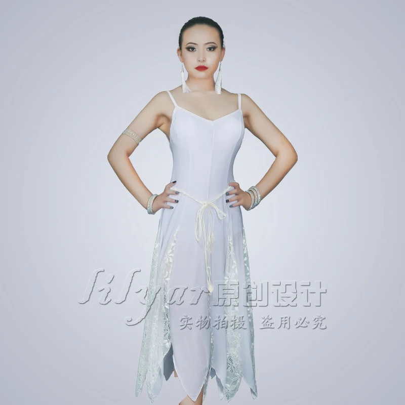 New women's Latin dance costume performance dress white lacelatin