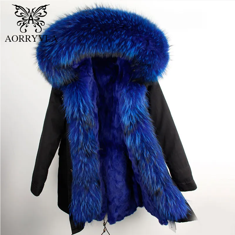AORRYVLA 2018 Winter New Women Fur Parka Natural Raccoon Fur Hooded Long Coat Real Rabbit Lining Casual Female Warm Parka