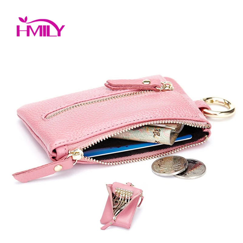 HMILY Fashion Genuine Leather Key Wallet Women Solid Color Coin Purse