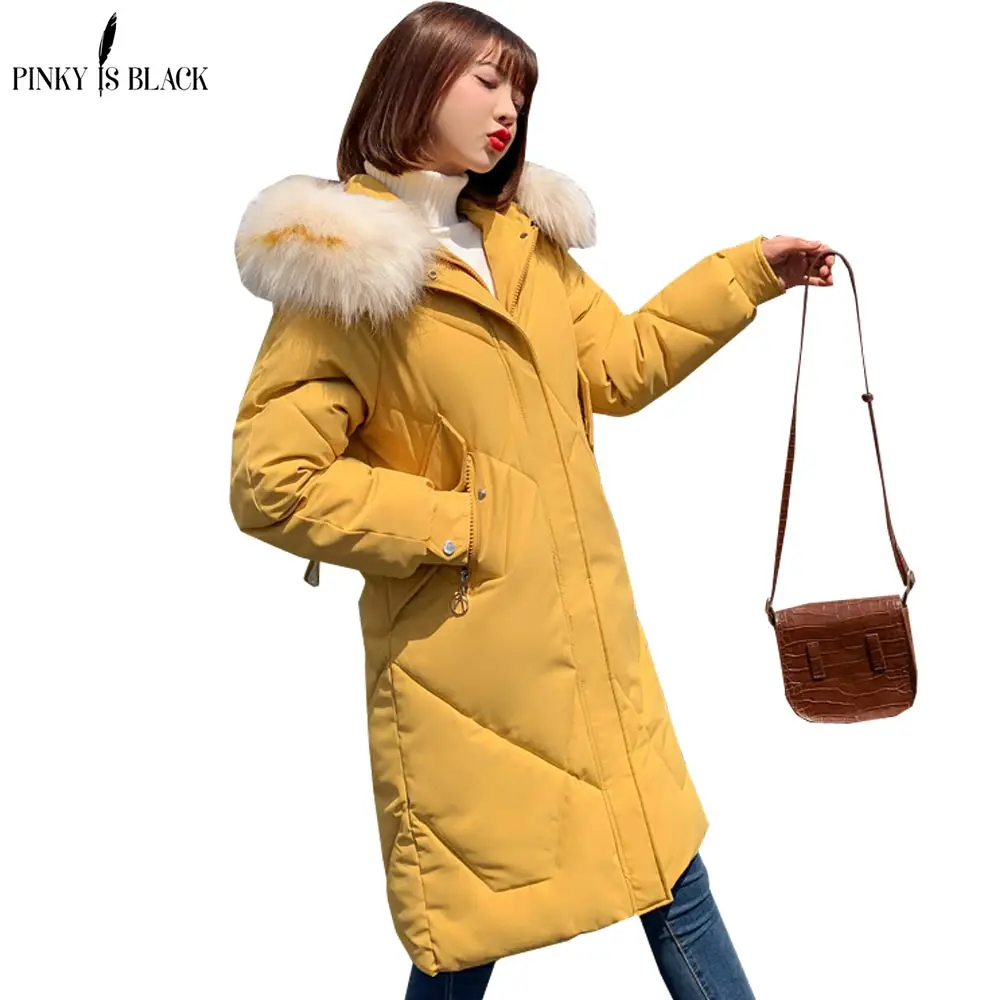 PinkyIsBlack зимняя куртка женская Новая женская пуховая хлопковая куртка длинные толстые парки с меховым капюшоном зимнее пальто куртки женские