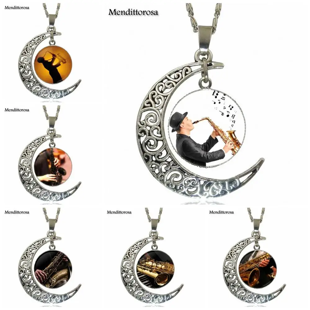 

EJ Glaze Glass Cabochon Choker Moon Pendant Necklace Silver Color Jewelry For Men Women Saxophone