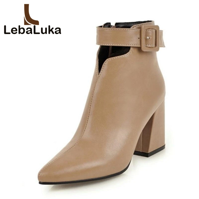 

LebaLuka Plus Size 34-46 Woman Ankle Boots Winter Warm Fur Shoes Woman Fashion Buckle High Heels Boots Sexy Pointed Toe Shoes