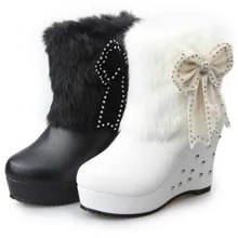 2016 Winter Fashion Women Fur Ankle Boots Woman Bow Tie Wedges Boots Design Rivets Round Toe Platform Ladies Sweet Boots Shoes