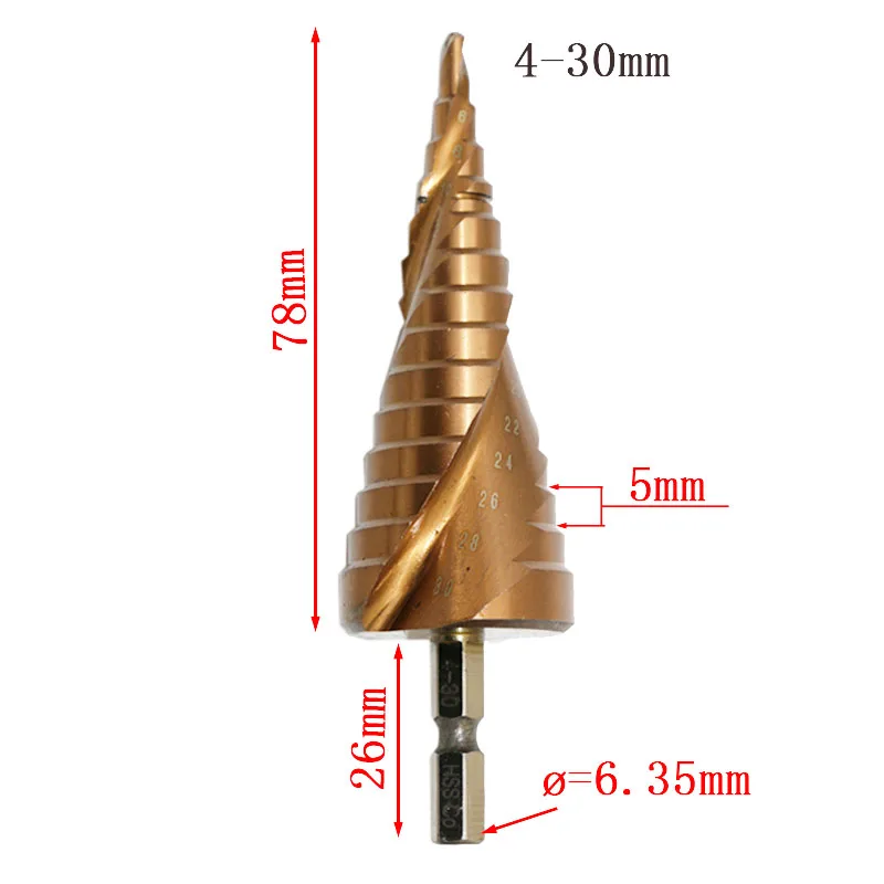 

New HSS-Co Cobalt Spiral Grooved Step Drill Bits 1/4" Hex Shank Wood Metal Cone Drilling 4-30mm Hole Saw M35