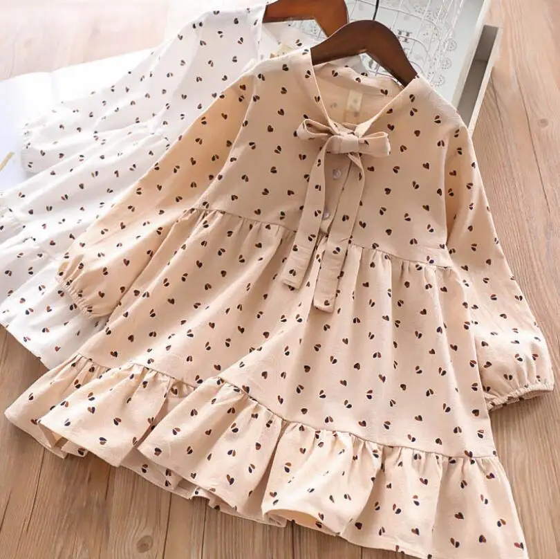 

2019 Children Girls Spring Cotton Dresses, Princess Kids Love Pattern Bow Long Sleeve Dress , 5 pcs/lot, Wholesale