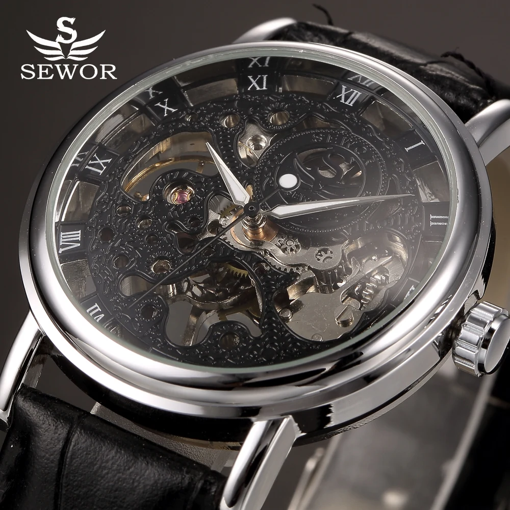 

Top Brand Luxury SEWOR Black Skeleton Mechanical Watch Men Transparent Hollow Clock Male Leather Watches Relogio Masculino