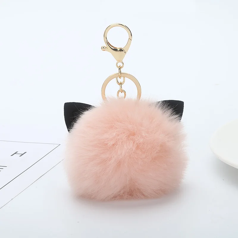 

Cute Pink Cat Ear Fluffy Fur Pompom Balls Key Chains Women Fashion Jewelry Car Handbag Pendant Faux Fur Key Ring Keychain Gifts