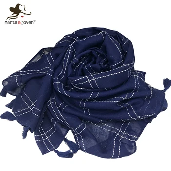 

Marte&Joven Classic Plaid Embroidery Cotton Pashmina Scarves for Women Autumn/Winter Solid Thicken Navy Blue Long Shawls Wraps