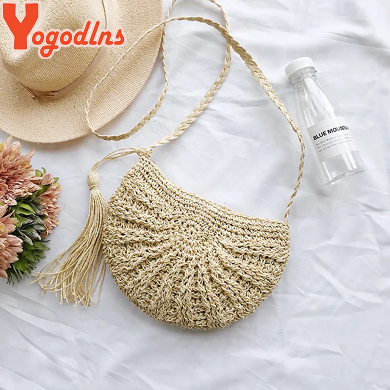 Yogodlns 2019 نصف جولة حقائب قش للنساء الصيف الشاطئ كيس الروطان اليدوية المنسوجة نصف القمر Crossbody حقائب بوهيميا